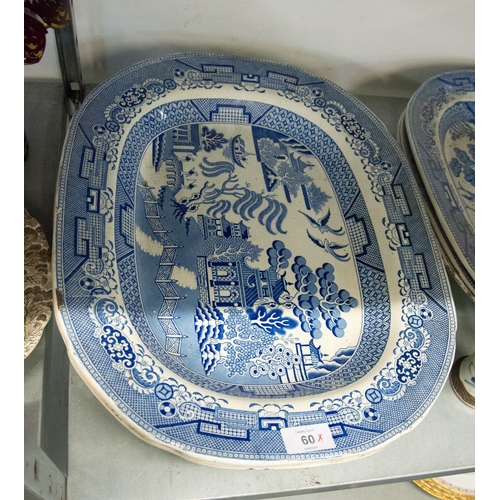 60 - COLLECTION OF FOUR LARGE NINETEENTH CENTURY WILLOW PATTERN MEAT PLATES, THREE SMALLER, 10 BLUE AND W... 