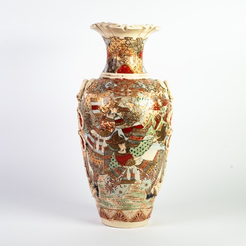 38 - JAPANESE LATE MEIJI PERIOD KIOTO FAYENCE OVIFORM VASE, enamelled and gilded with courtly figures and... 