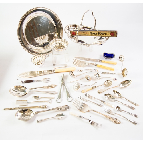 594 - MIXED LOT OF ELECTROPLATE, including: SWING HANDLED CAKE BASKET, SUGAR AND CREAM SET, SERVING SPOONS... 