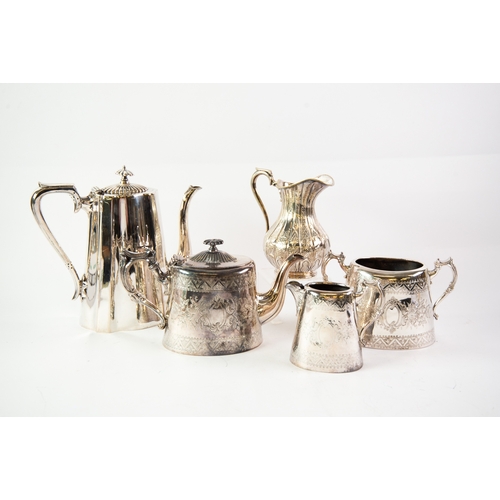 596 - THREE PIECE ELECTROPLATED TEASET, COFFEE POT and EMBOSSED JUG BY WALKER & HALL, (5)