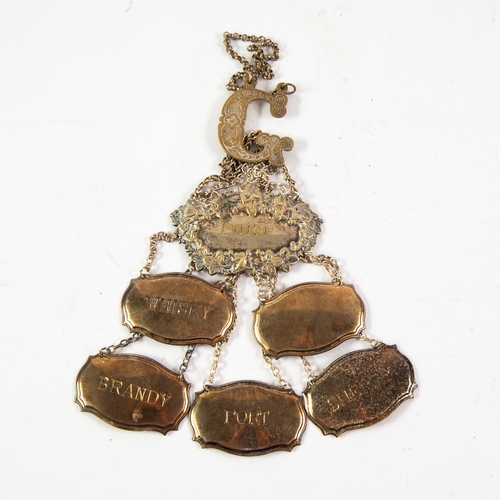 597 - SET OF FIVE ELECTROPLATED DECANTER LABELS with chain suspension, comprising: PORT, BRANDY, SHERRY an... 