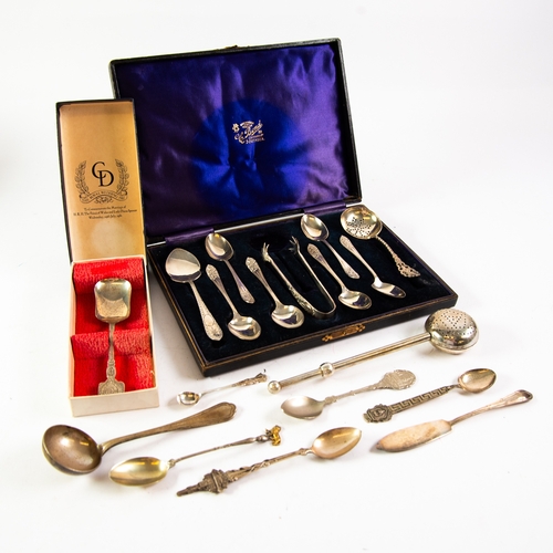 580 - TWO VARIOUS SILVER SALT SPOONS; a cased set of 6 TEASPOONS with a pair of MATCHING SUGAR TONG, with ... 