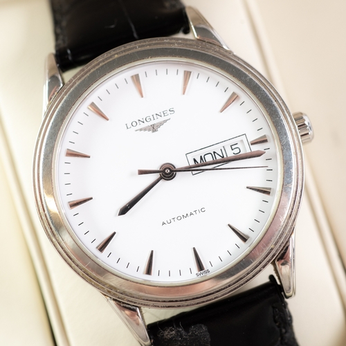 11 - LONGINES, SWISS, GENTLEMAN'S STAINLESS STEEL AUTOMATIC WRISTWATCH, the white circular dial with bato... 