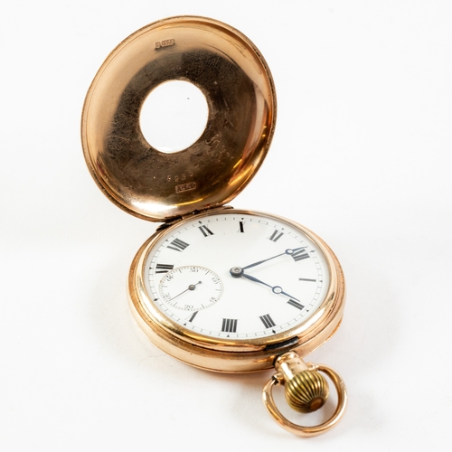 15 - 9ct GOLD DEMI-HUNTER POCKET WATCH with keyless movement, white roman dial with subsidiary seconds di... 