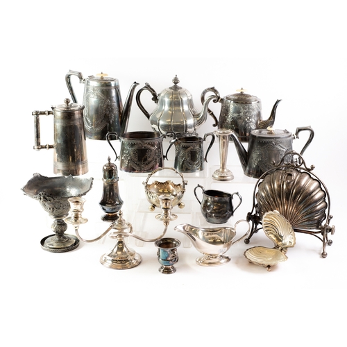 591 - MIXED LOT OF ELECTROPLATE, to include: SHELL PATTERN FOLDING BISCUIT BOX, FOUR PIECE PRESENTATION TE... 