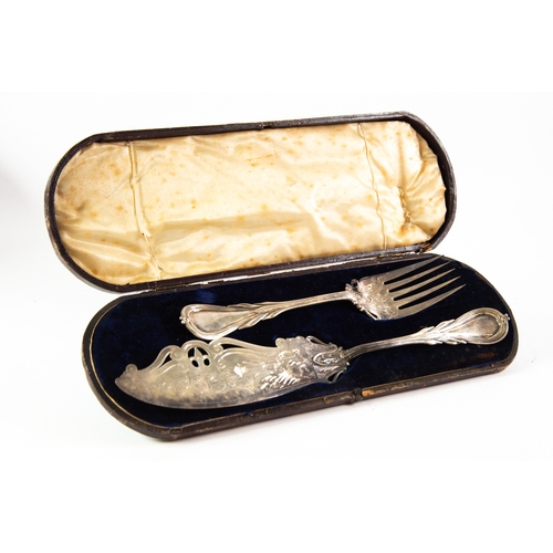 588 - CASED PAIR OF ELECTROPLATED FISH SERVERS BY ELKINGTON & Co, with foliate scroll engraved blade a... 