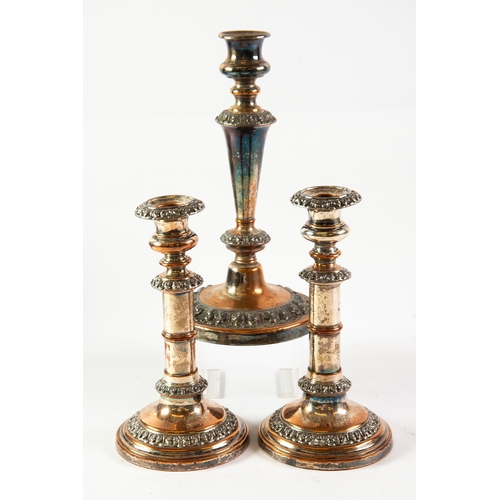 599 - PAIR OF VICTORIAN PLATE CANDLESTICKS with campana sconces, plain column with applied decorative bord... 