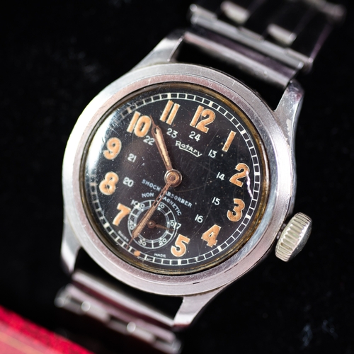 28 - ROTARY FIELD WATCH: a Rotary mid-century, stainless steel and black dial field watch with double num... 