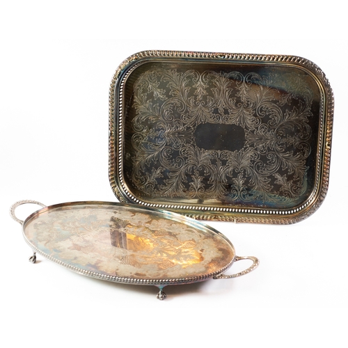 601 - SET OF THREE MODERN ELECTROPLATED GALLERIED TRAYS, of rounded oblong form with foliate scroll chased... 