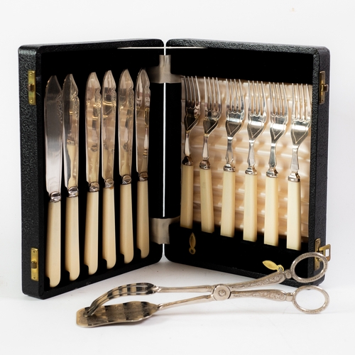 603 - CASED SET OF SIX PAIRS OF ELECTROPLATED FISH EATERS, with ivorine handles, and a PAIR OF SCISSOR PAT... 