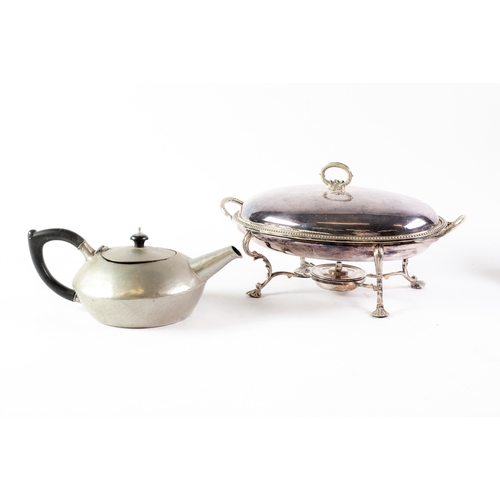 569 - GEORGIAN STYLE ELECTROPLATED CHAFING DISH AND COVER, of oval form with beaded borders and wire patte... 