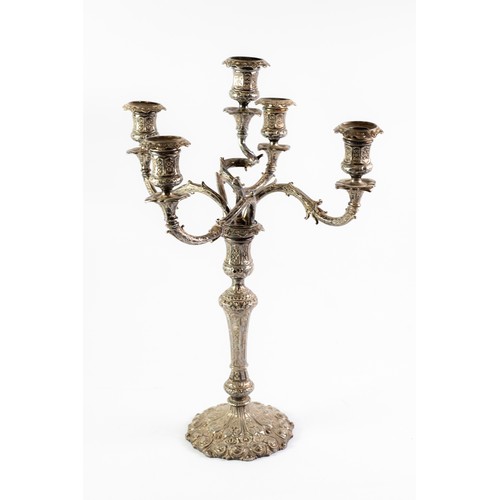 570 - VICTORIAN EMBOSSED SILVER PLATED FIVE LIGHT FOUR BRANCH CANDELABRUM, the ornate central column with ... 