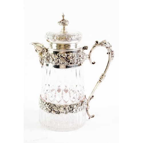 567 - ELECTROPLATE MOUNTED CUT GLASS CLARET JUG AND COVER, of tapering form with girdle and collar embosse... 