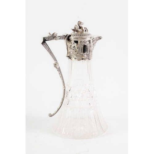 568 - ELECTROPLATE MOUNTED CUT GLASS CLARET JUG AND COVER, of typical form with angular scroll handle, flo... 