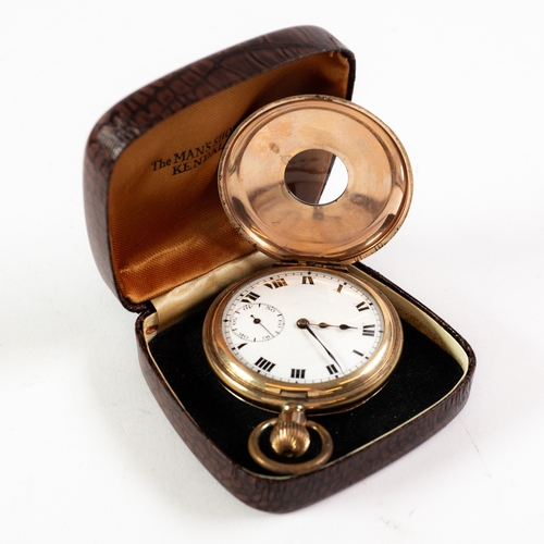 6 - DENNISON CASED ROLLED GOLD DEMI HUNTER POCKET WATCH with keyless movement, white roman dial with sub... 