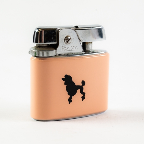 65 - LADY'S RONSON POCKET CIGARETTE LIGHTER, pink enamelled and with a black silhouette image of a French... 