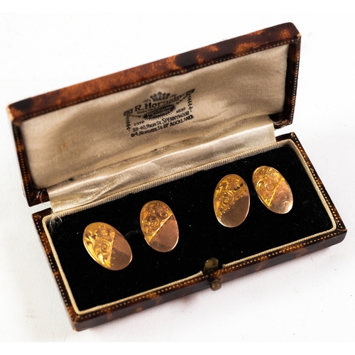 116 - PAIR OF 9ct GOLD DOUBLE OVAL CUFFLINKS, floral engraved, 5gms, in associated case