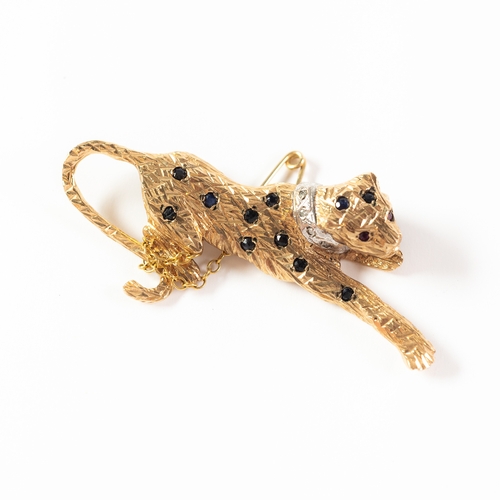 77 - 9ct YELLOW GOLD LEOPARD BROOCH, set with tiny sapphires and having white gold collar set with tiny w... 