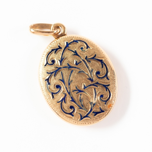 83 - 9ct GOLD OVAL LOCKET PENDANT, the front chased and blue enamelled with foliate scrolls on a textured... 