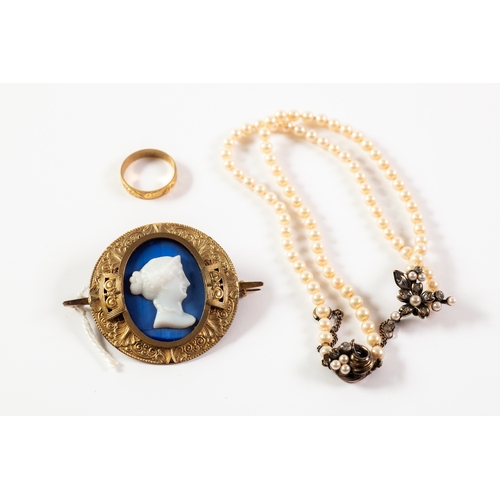 85 - IMITATION PEARL NECKLACE with fancy clasp and fixed pendant front with faux pearls and paste; a blue... 