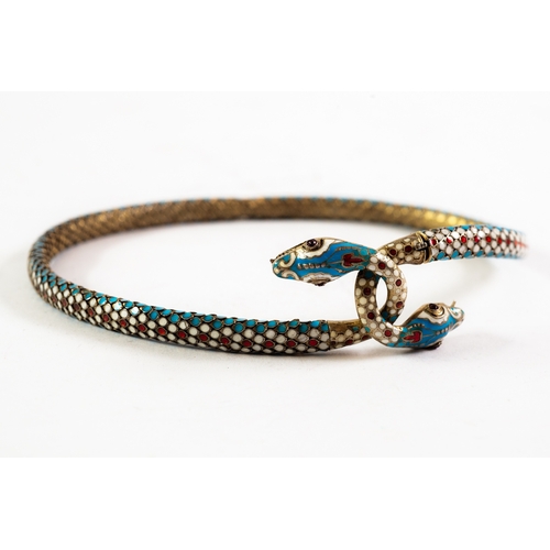 109 - FRENCH 1880 EGYPTIAN REVIVAL DOUBLE HEADED SNAKE NECKLACE, champleve enamelled silver with a decorat... 