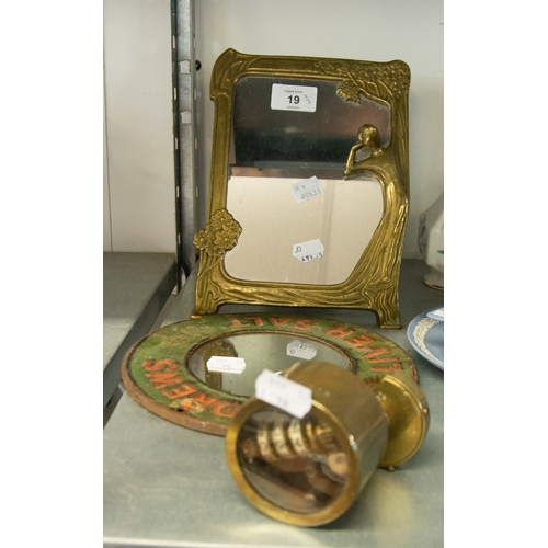 19 - BRASS ODOMETER AND LIVER SALTS MIRROR TOGETHER WITH LADY LEANING AGAINST A TREE (3)