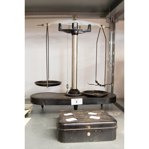 2 - SCIENTIFIC BALANCE SCALES (1977) AND TWO BOXES OF WEIGHTS