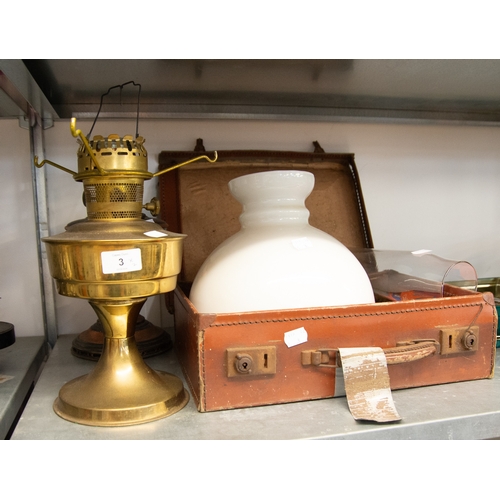 3 - TWO PARAFFIN LAMPS, ONE HAS GLASS FITTING, SPARE WICKS AND ACCESSORIES (CONTENTS OF LEATHER SUITCASE... 