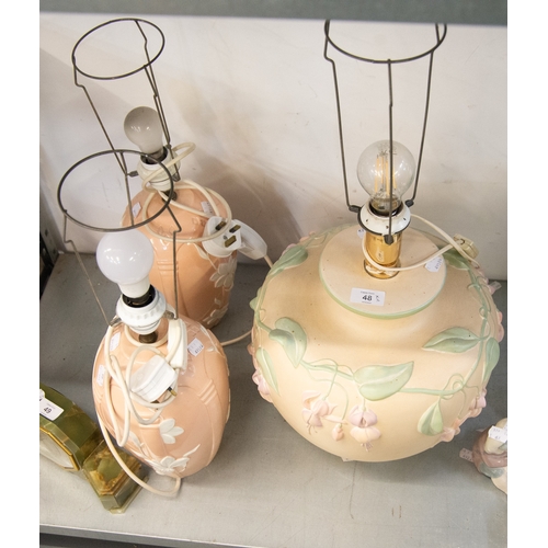 48 - PAIR OF PEACH LAMP BASES WITH SPRIGGED DECORATION AND ANOTHER LARGER LAMP, IN SIMILAR STYLE (3)