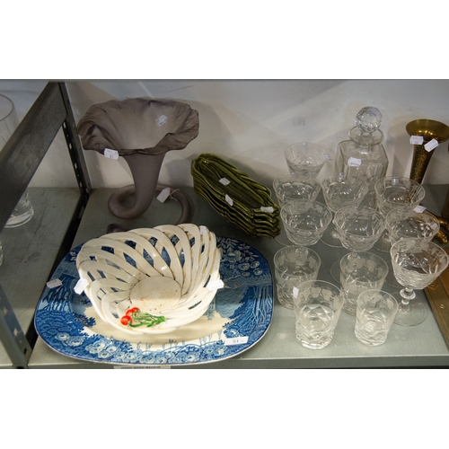 51 - ENOCH WOODS BLUE AND WHITE MEAT PLATE; SIX CORN-ON-THE-COB DISHES, IN GREEN; EDINGBURGH GLASS DECANT... 