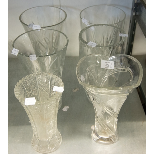 52 - MARQUIS BY WATERFORD, CUT GLASS SHAPED VASE AND FIVE VARIOUS SIZED CUT GLASS VASES (6)