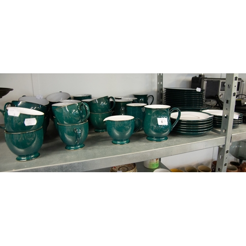 6 - LARGE QUANTITY OF DENBY DARK GREEN DINNER AND TEA WARES TO INCLUDE DINNER PLATES, CUPS, MUGS, SAUCER... 