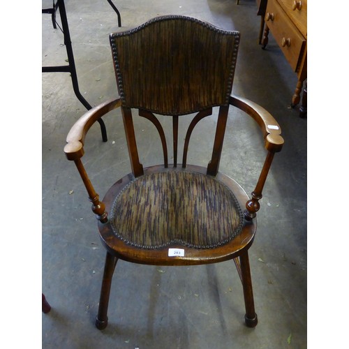 283 - ARTS AND CRAFTS BEECH CLUB CHAIR WITH STRIPED FABRIC TO SEAT AND BACK