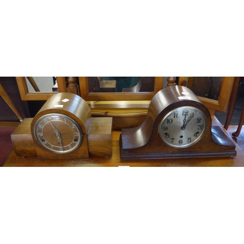 282 - DECO MANTLE CLOCK WITH KEY TOGETHER WITH A SIMILAR NAPOLEON HAT CLOCK WITH KEY (2)