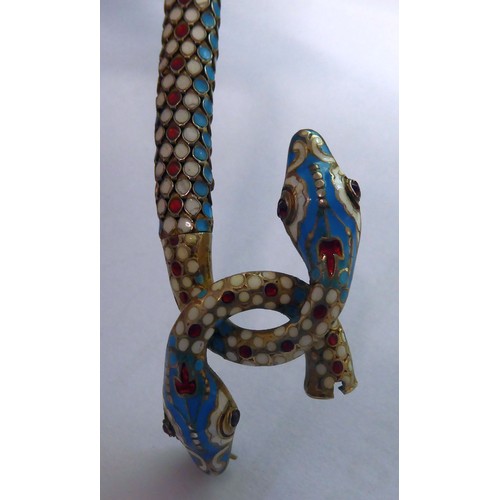 109 - FRENCH 1880 EGYPTIAN REVIVAL DOUBLE HEADED SNAKE NECKLACE, champleve enamelled silver with a decorat... 