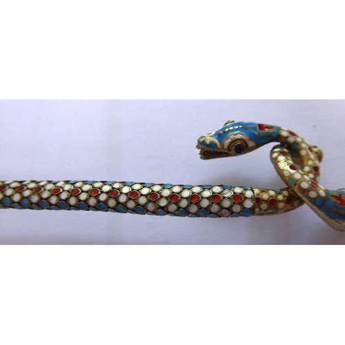 109 - FRENCH 1880 EGYPTIAN REVIVAL DOUBLE HEADED SNAKE NECKLACE, champleve enamelled silver with a decorat... 