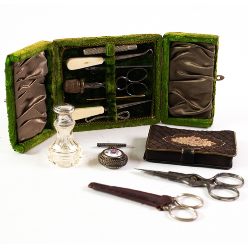 197 - LATE 19TH CENTURY GREEN VELOUR LADY'S ETUI DOUBLE HINGED TOP to reveal various implements, including... 