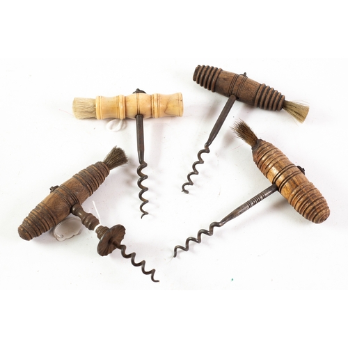 202 - 19TH CENTURY BONE HANDLES CORKSCREWS with cork brush, ANOTHER WITH TURNED HARDWOOD HANDLE AND CORK B... 