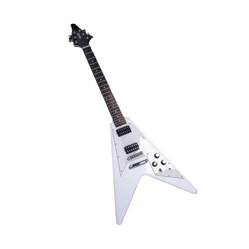 140 - QUINCY TEXAS FLYING V SIX STRING ELECTRIC GUITAR IN SILVER, in a black soft Gator case