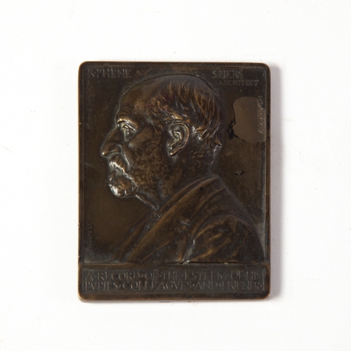 15 - RICHARD PHENE SPIERS ARCHITECT SMALL BRONZE OBLONG COMMEMORATIVE PLAQUE with bust in relief above pa... 