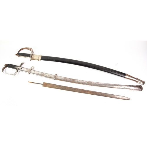 34 - LATE 19th/EARLY 20th CENTURY SABRE etched blade with chromed metal stirrup hilt and chequered black ... 