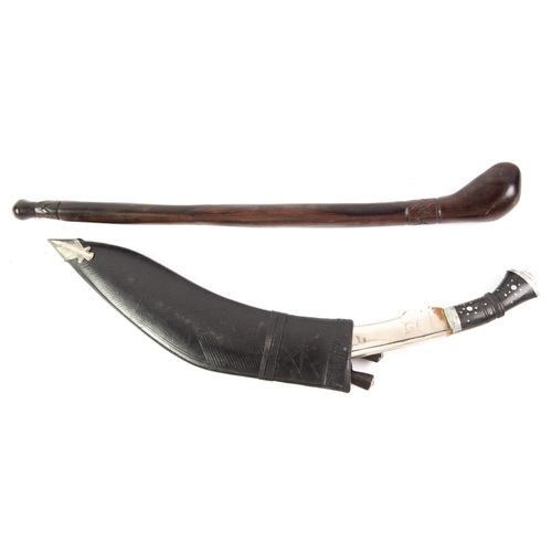 35 - AFRICAN HARDWOOD KNOBKERRY, with simple carved decoration, 19 1/2in (49.5cm) long and a KUKRI, in le... 