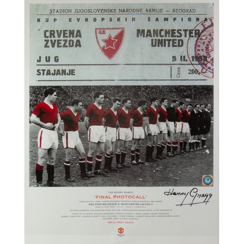 130 - ‘THE BUSBY BABES, FINAL PHOTOCALL’COLOURED PHOTOGRAPH, SIGNED BY HARRY GREGG, with blindstamp and Ma... 