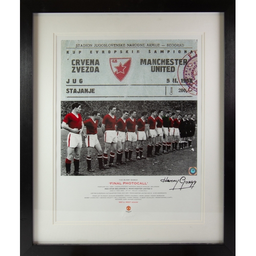 130 - ‘THE BUSBY BABES, FINAL PHOTOCALL’COLOURED PHOTOGRAPH, SIGNED BY HARRY GREGG, with blindstamp and Ma... 