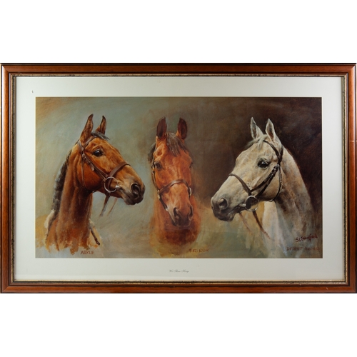 131 - AFTER SUSAN CRAWFORD COLOUR PRINT‘We Three Kings’ Arkle, Red Rum and Desert Orchid14” x 25” (35.5cm ... 