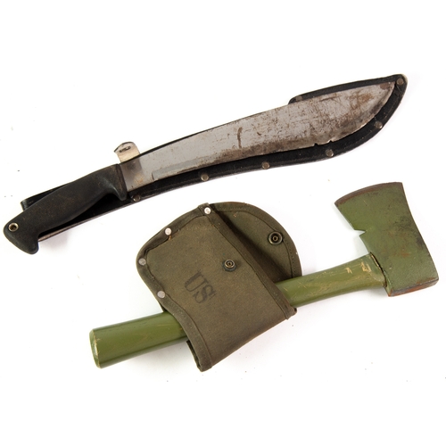 32 - US ARMY ISSUE GREEN PAINTED HATCHET with canvas head cover and a PARANG of typical design in black l... 