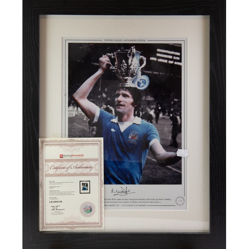 93 - MANCHESTER CITY SPORTING LEGEND MIKE DOYLE FRAMED PICTURE, after the 1976 League Cup win, with certi... 