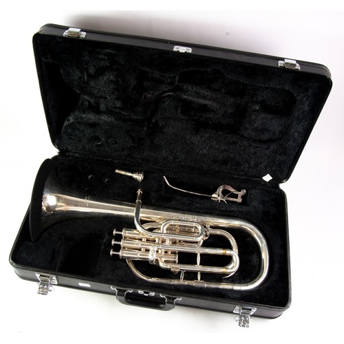 154 - LATE 20TH CENTURY YAMAHA ELECTROPLATED EUPHONIUM with mouth piece and lyre-shaped music holder in li... 