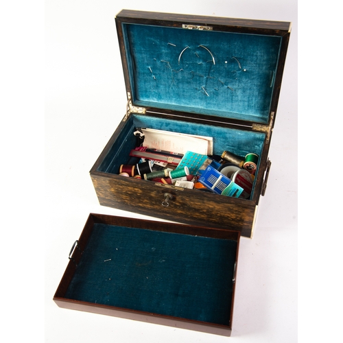 185 - FINE QUALITY EARLY 20TH CENTURY LADY'S COROMANDEL WOOD WORK BOX with electroplated fittings and fold... 