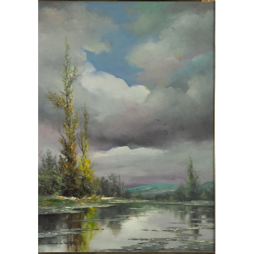 186 - SABATE (TWENTIETH CENTURY) OIL ON GLASS PANEL Riverscape Signed 27” x 19 ½” (68.6cm x 49.5cm)... 